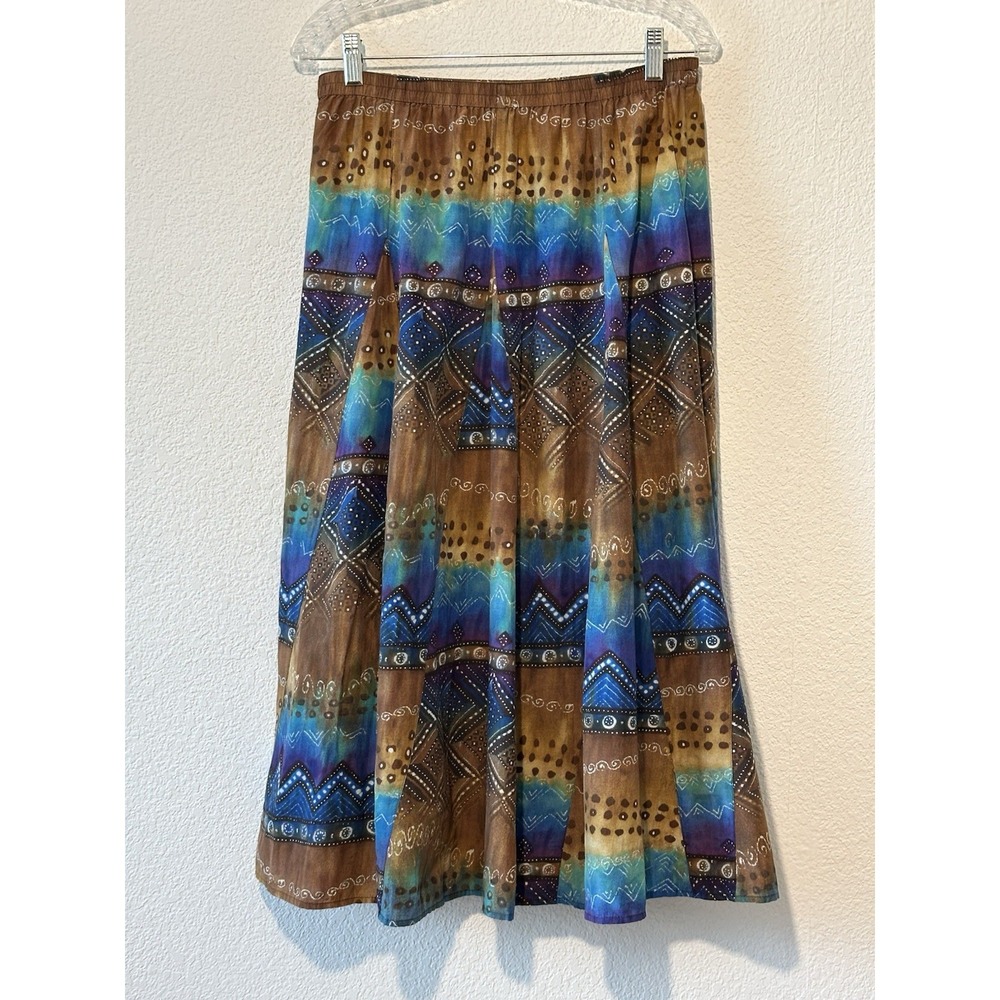Silk Blend Midi Skirt M Tiered Brown Aqua Pull On Boho Artsy Western Festival